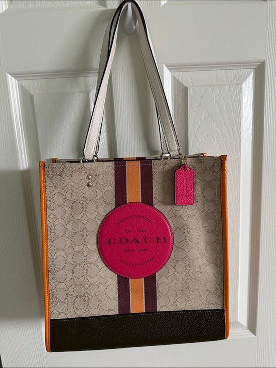 Coach Handbags - Coach Beige Signature Canvas Tote with Pink Patch and Orange Trim